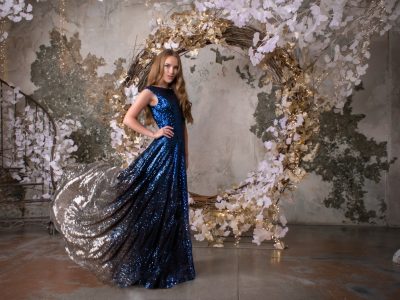 Мерида блестящее платье в пол из пайеток синий и серебряный цвета